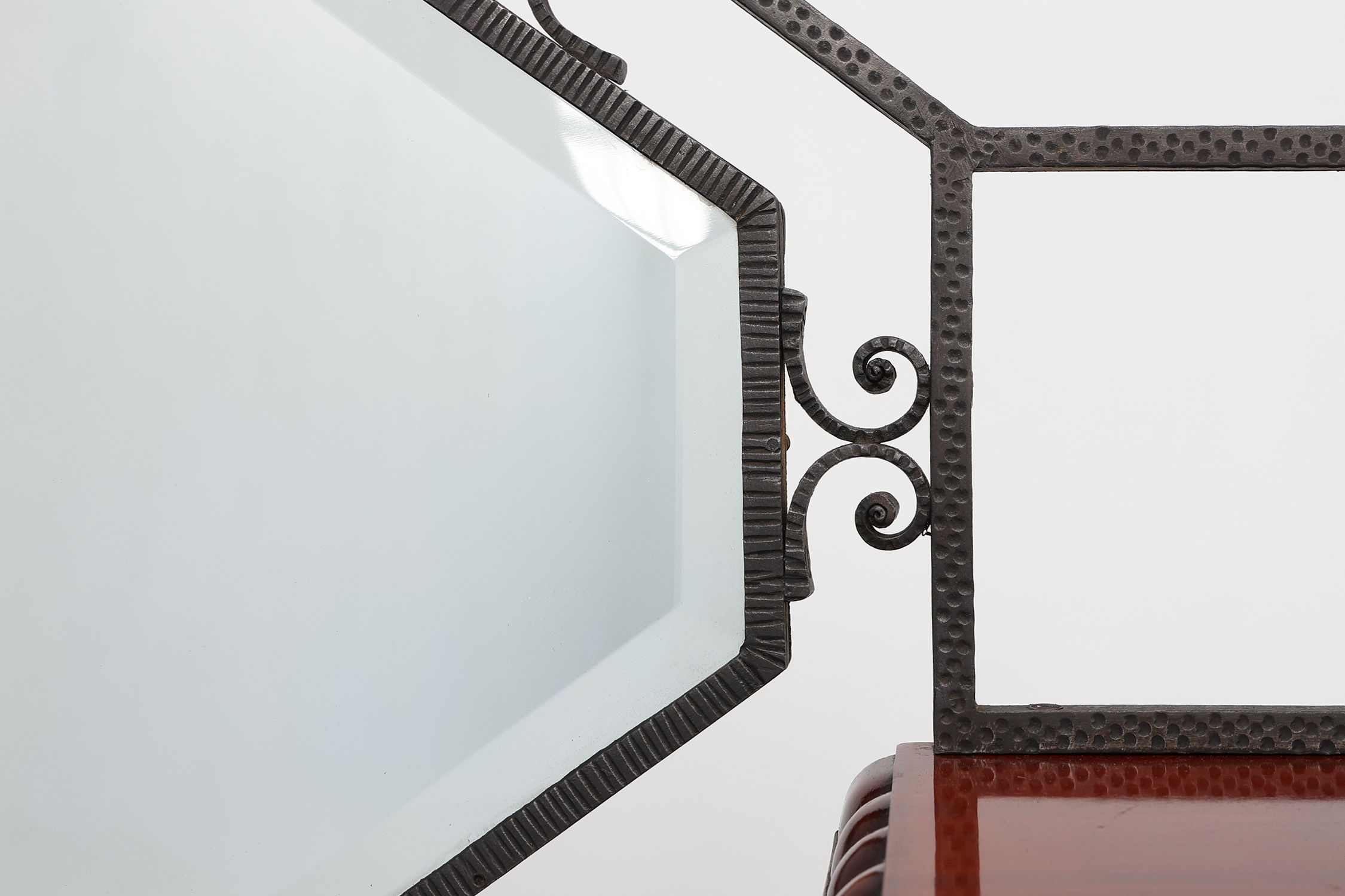 Art Deco marquetry cabinet with wrought-iron mirror crest, Belgium, ca. 1925 thumbnail